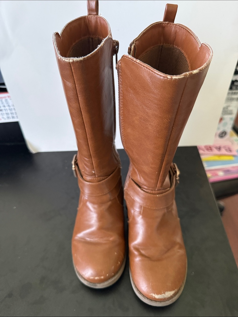 Girls Tan Mid-Calf Riding Boots with Buckle Detail